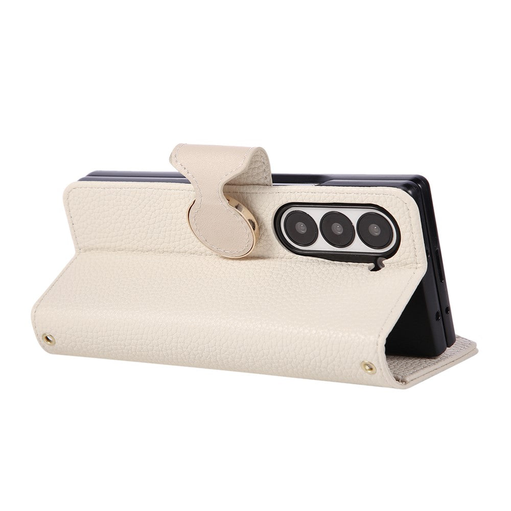 For Samsung Galaxy Z Fold7 5G Case Zipper Wallet Leather Phone Cover with Wrist Strap - Beige
