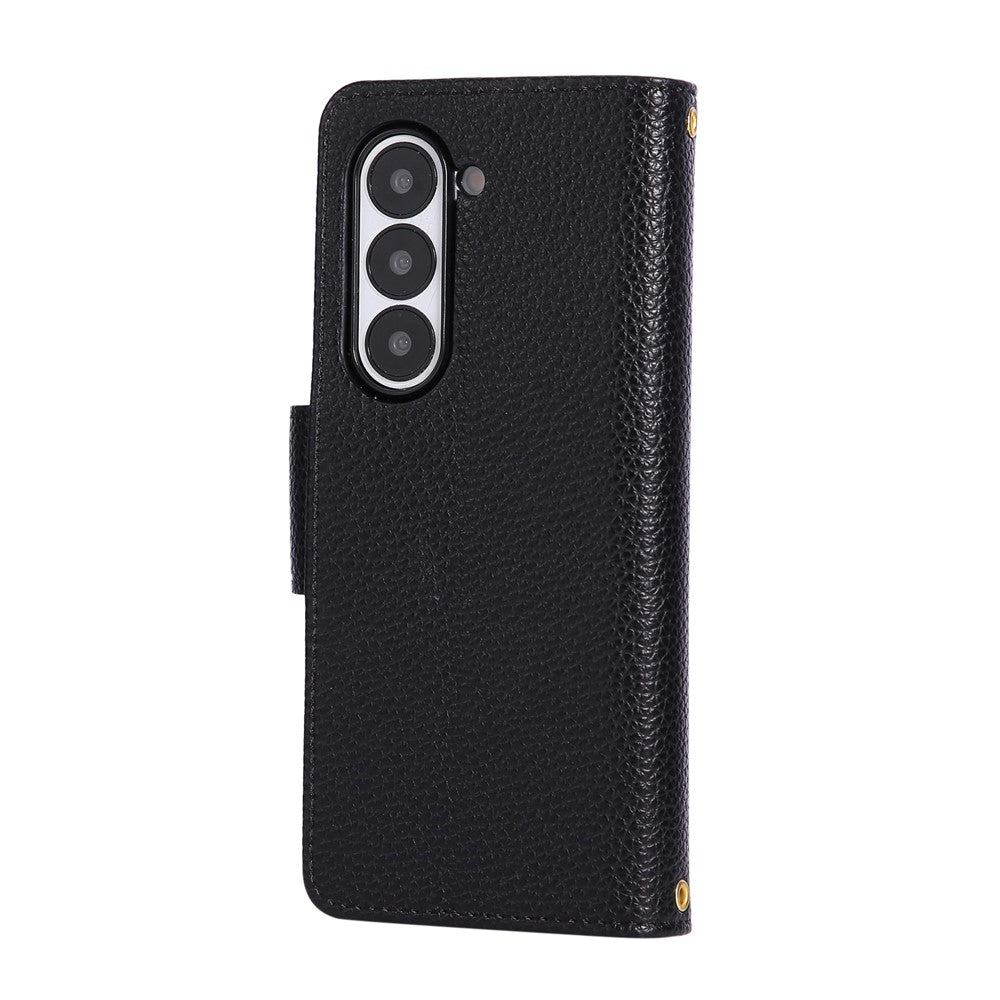 For Samsung Galaxy Z Fold7 5G Case Zipper Wallet Leather Phone Cover with Wrist Strap - Black