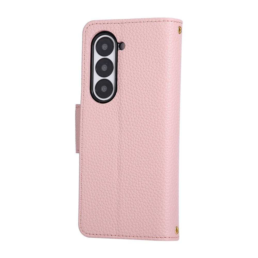 For Samsung Galaxy Z Fold7 5G Case Zipper Wallet Leather Phone Cover with Wrist Strap - Pink