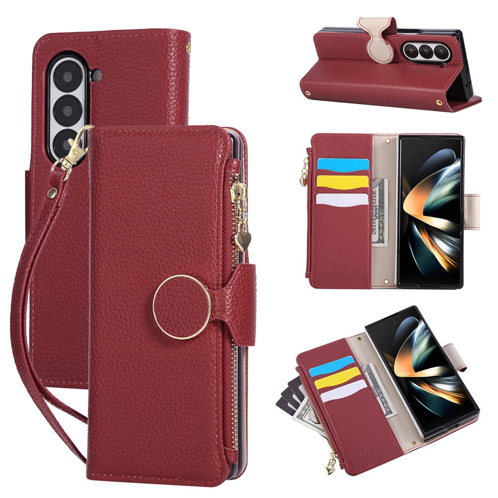 For Samsung Galaxy Z Fold7 5G Case Zipper Wallet Leather Phone Cover with Wrist Strap - Wine Red