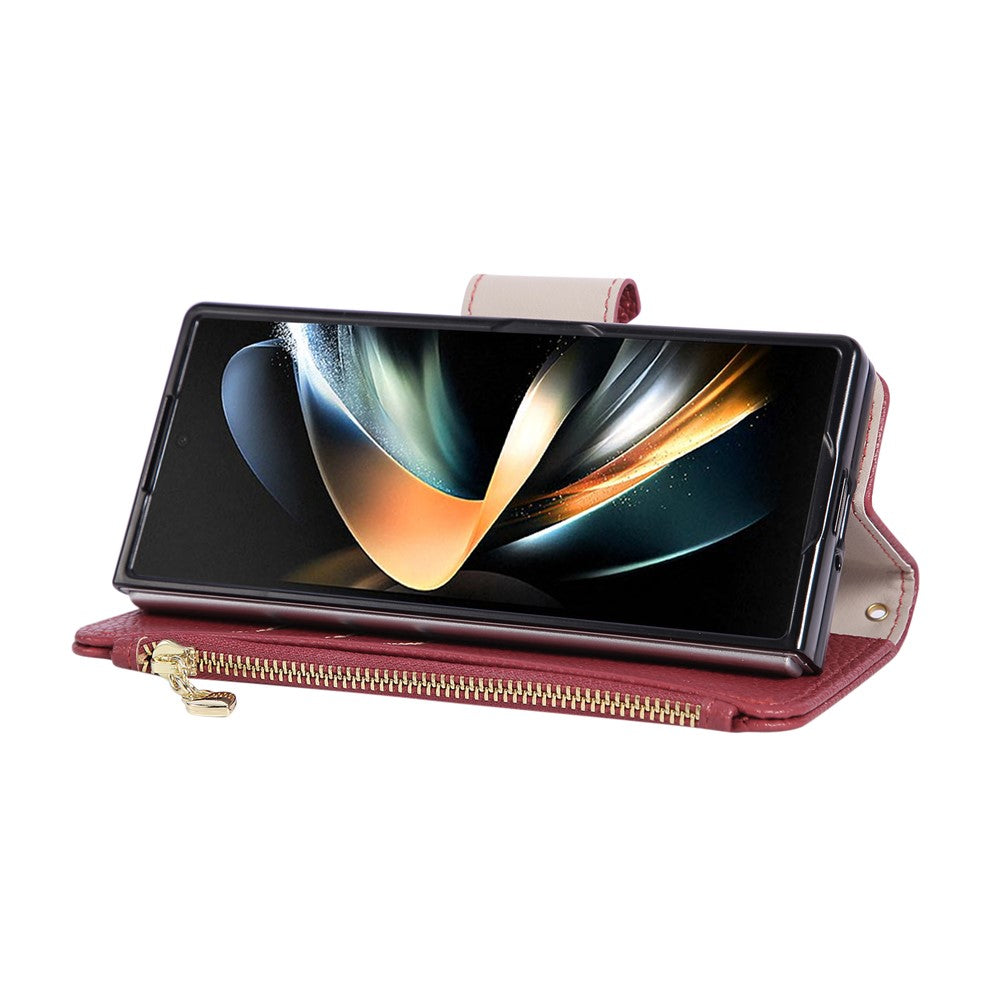 For Samsung Galaxy Z Fold7 5G Case Zipper Wallet Leather Phone Cover with Wrist Strap - Wine Red
