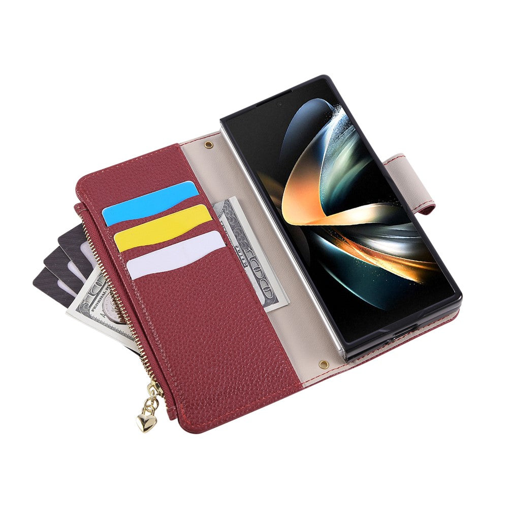 For Samsung Galaxy Z Fold7 5G Case Zipper Wallet Leather Phone Cover with Wrist Strap - Wine Red