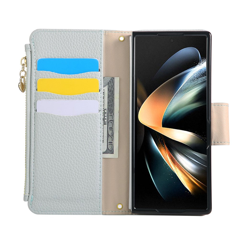 For Samsung Galaxy Z Fold7 5G Case Zipper Wallet Leather Phone Cover with Wrist Strap - Cyan