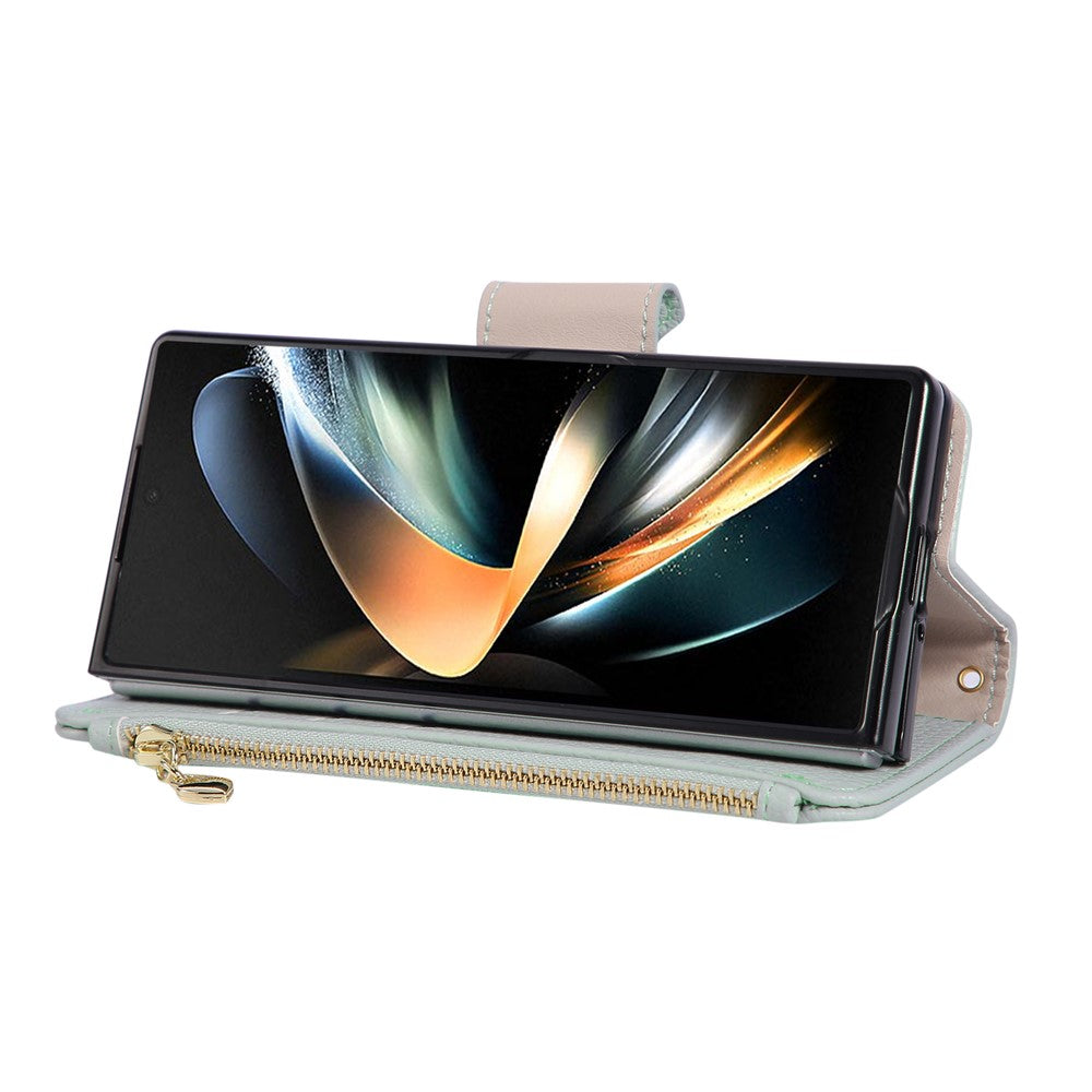 For Samsung Galaxy Z Fold7 5G Case Zipper Wallet Leather Phone Cover with Wrist Strap - Cyan