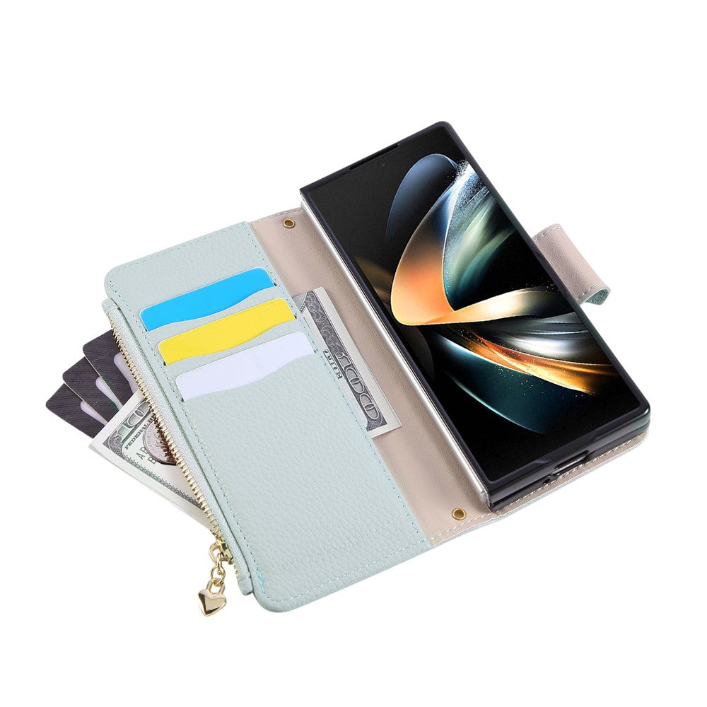 For Samsung Galaxy Z Fold7 5G Case Zipper Wallet Leather Phone Cover with Wrist Strap - Cyan