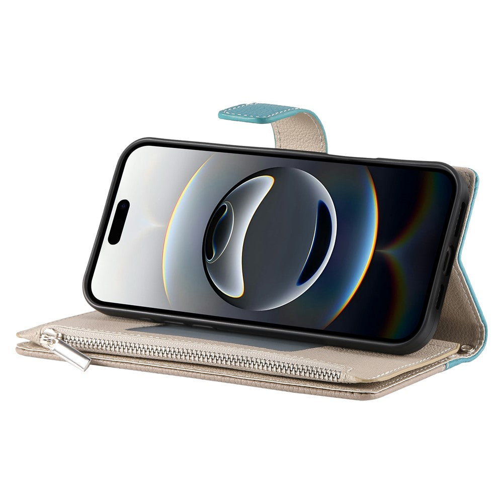 For iPhone 17 Pro Max Case Zipper Wallet Color Splicing Leather Flip Phone Cover with Straps - Lake Blue