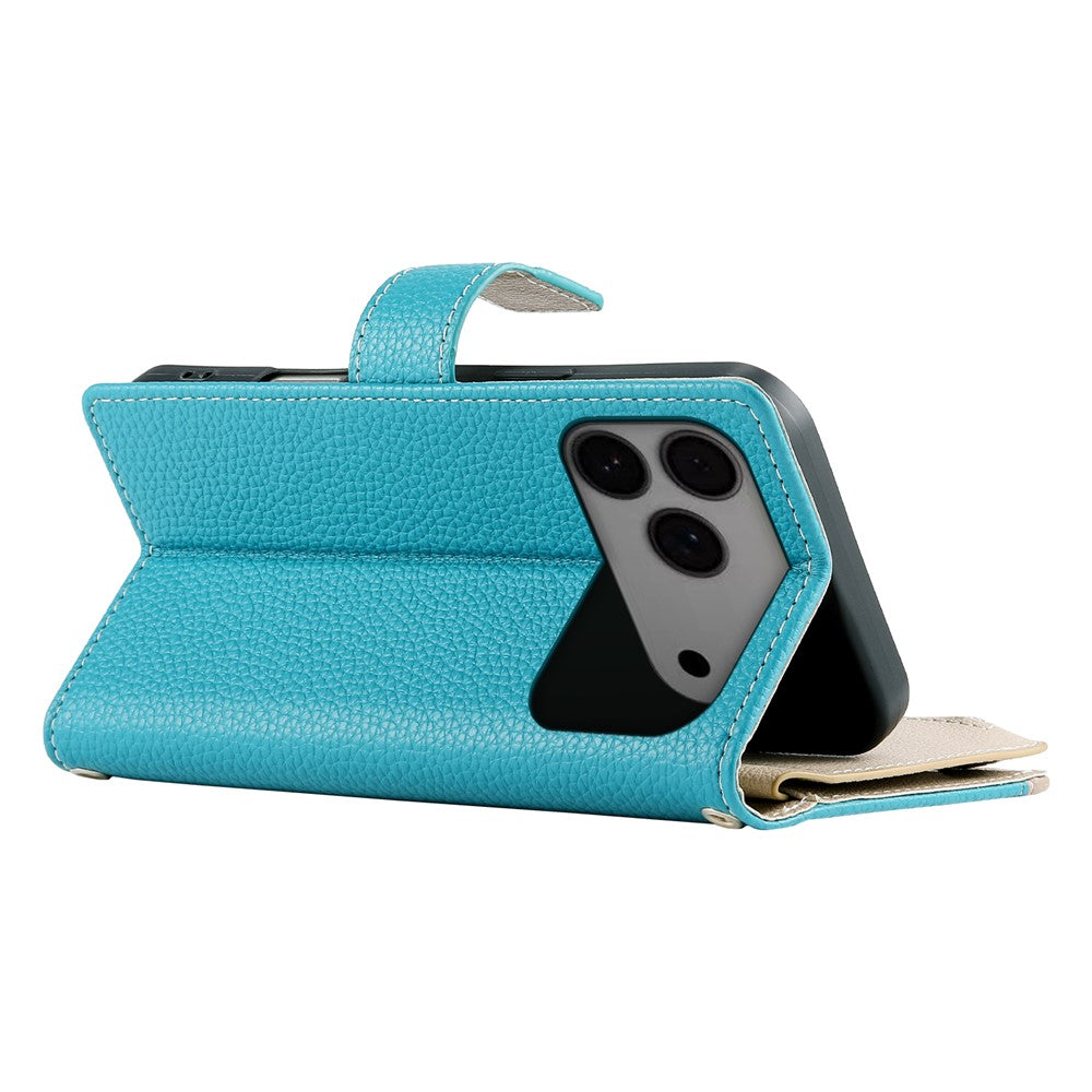 For iPhone 17 Pro Max Case Zipper Wallet Color Splicing Leather Flip Phone Cover with Straps - Lake Blue