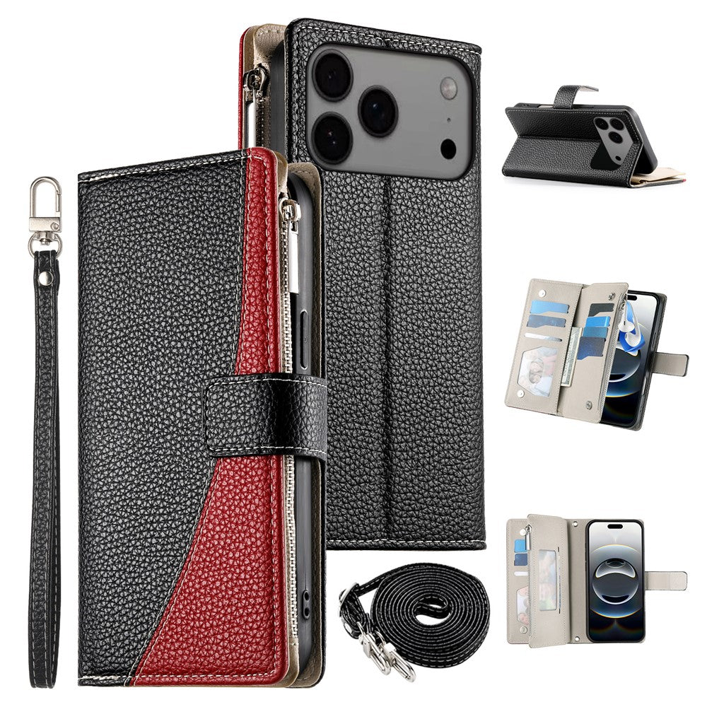 For iPhone 17 Pro Max Case Zipper Wallet Color Splicing Leather Flip Phone Cover with Straps - Black
