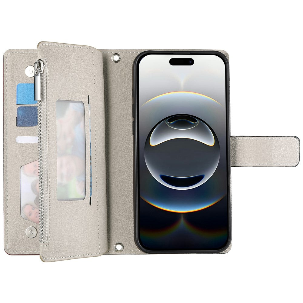 For iPhone 17 Pro Max Case Zipper Wallet Color Splicing Leather Flip Phone Cover with Straps - Black