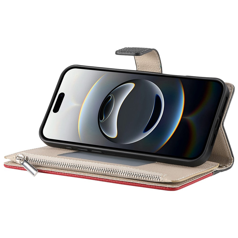 For iPhone 17 Pro Max Case Zipper Wallet Color Splicing Leather Flip Phone Cover with Straps - Black