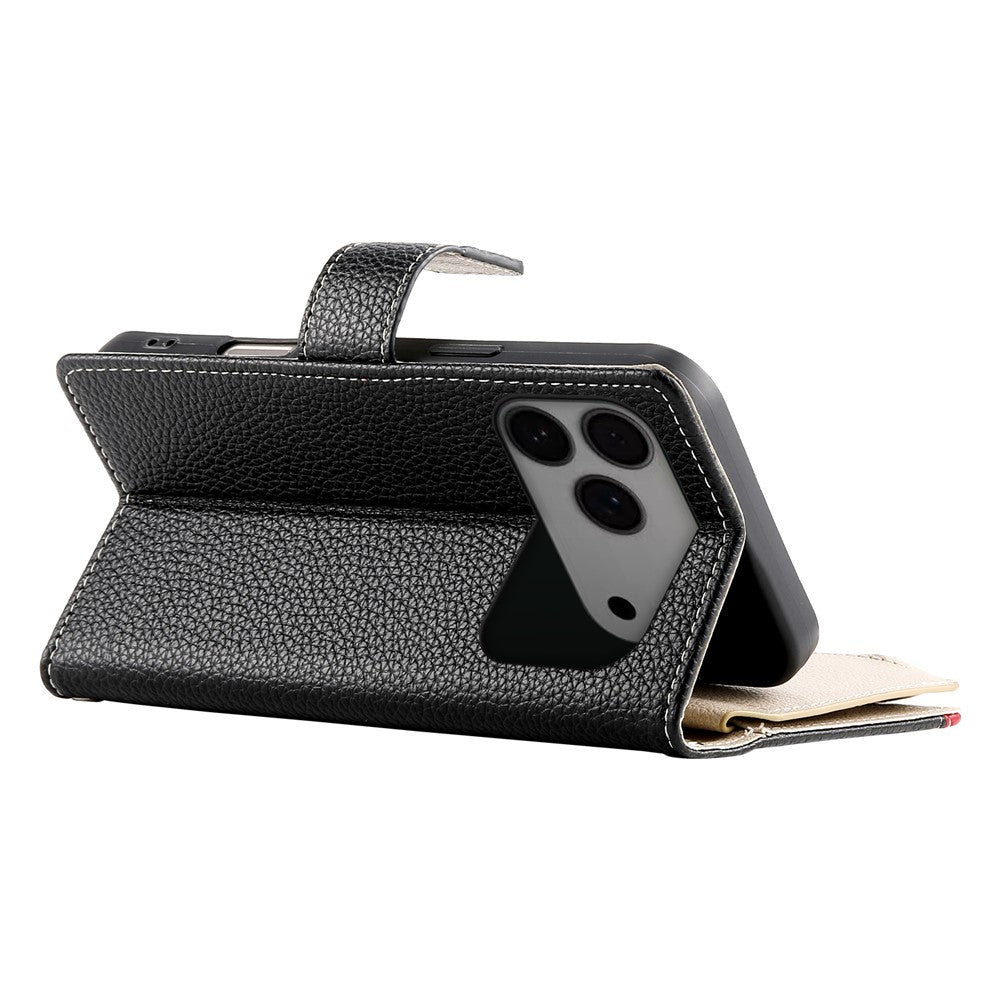 For iPhone 17 Pro Max Case Zipper Wallet Color Splicing Leather Flip Phone Cover with Straps - Black