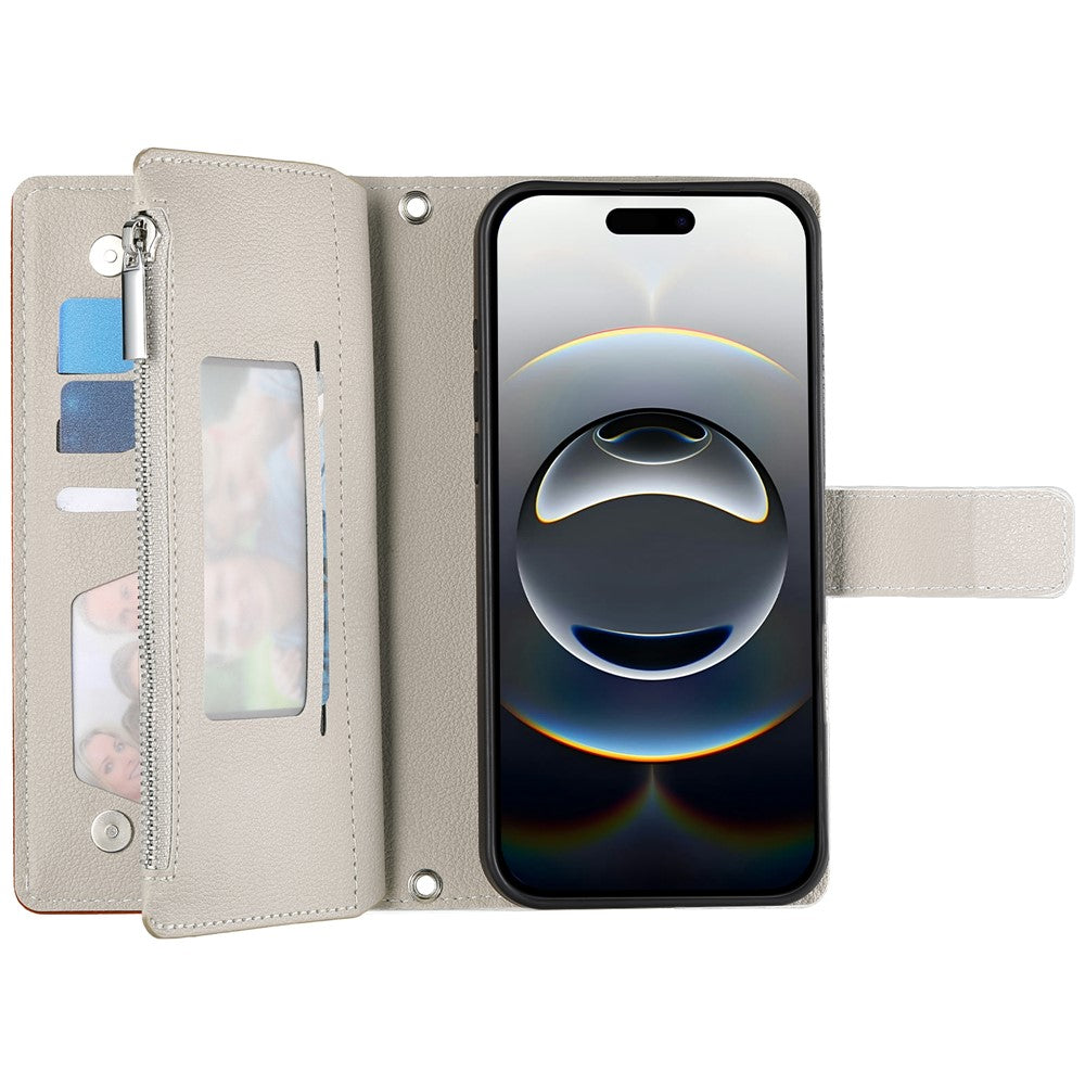 For iPhone 17 Pro Max Case Zipper Wallet Color Splicing Leather Flip Phone Cover with Straps - Brown