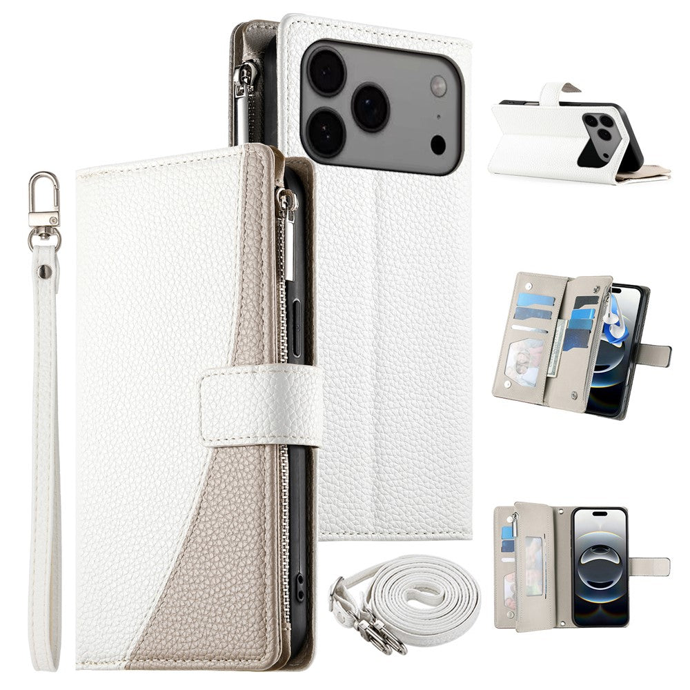 For iPhone 17 Pro Max Case Zipper Wallet Color Splicing Leather Flip Phone Cover with Straps - White