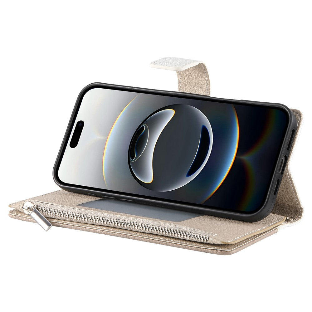 For iPhone 17 Pro Max Case Zipper Wallet Color Splicing Leather Flip Phone Cover with Straps - White