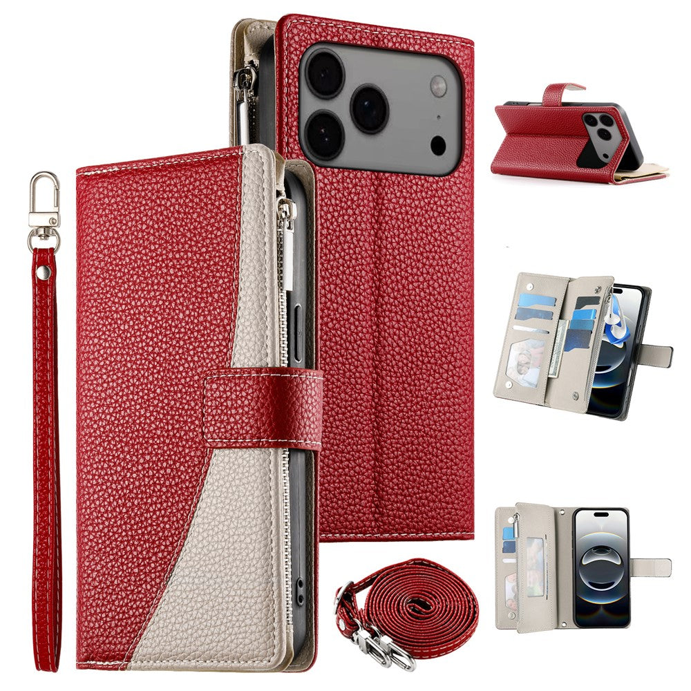 For iPhone 17 Pro Max Case Zipper Wallet Color Splicing Leather Flip Phone Cover with Straps - Red