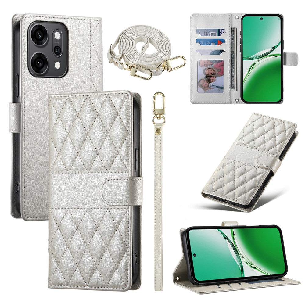 For Oppo Reno14 Pro 5G (Global) Case Rhombus Stitching Wallet Stand Leather Phone Cover with Long / Short Strap - Beige