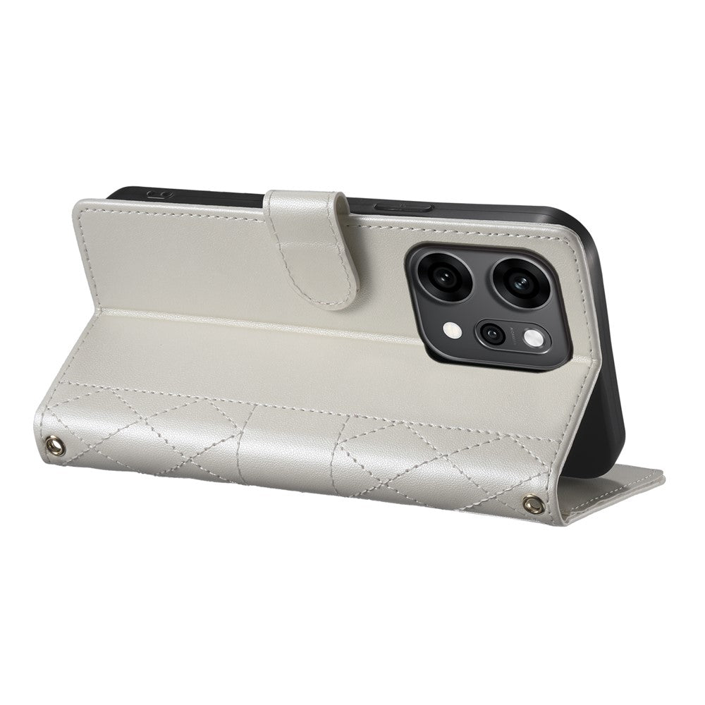 For Oppo Reno14 Pro 5G (Global) Case Rhombus Stitching Wallet Stand Leather Phone Cover with Long / Short Strap - Beige