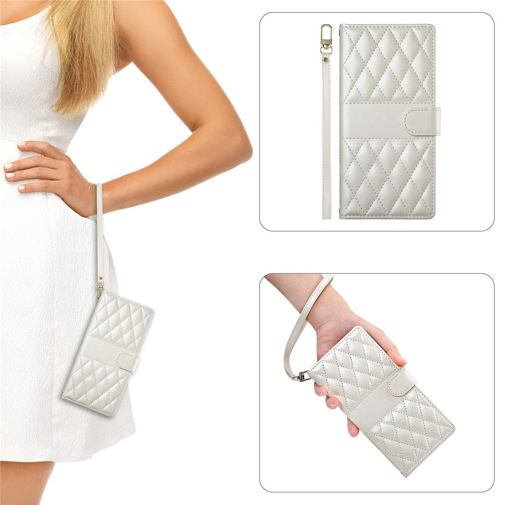 For Oppo Reno14 Pro 5G (Global) Case Rhombus Stitching Wallet Stand Leather Phone Cover with Long / Short Strap - Beige