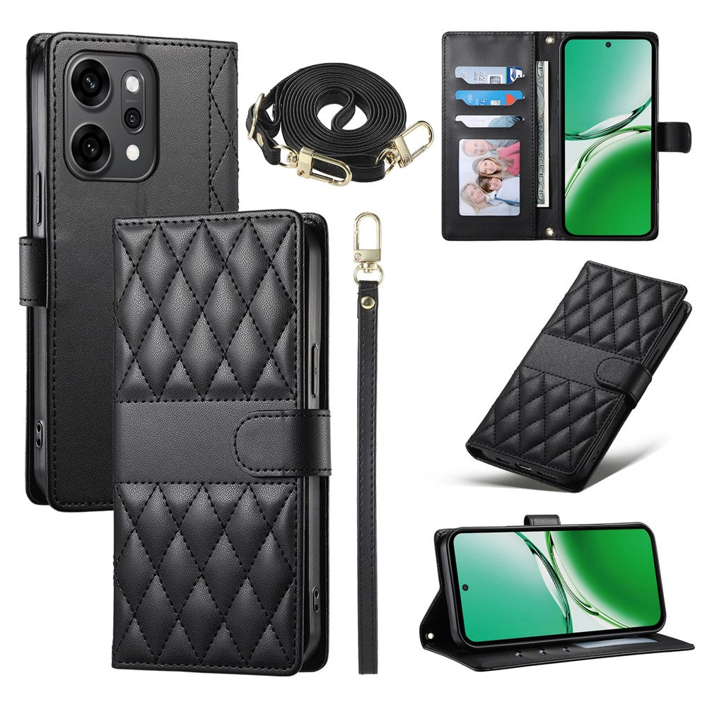 For Oppo Reno14 Pro 5G (Global) Case Rhombus Stitching Wallet Stand Leather Phone Cover with Long / Short Strap - Black