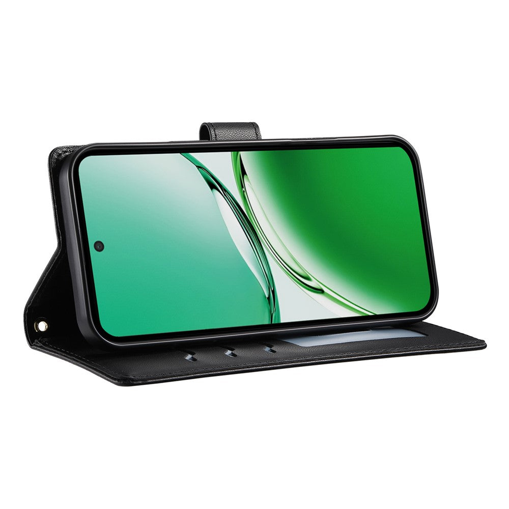 For Oppo Reno14 Pro 5G (Global) Case Rhombus Stitching Wallet Stand Leather Phone Cover with Long / Short Strap - Black