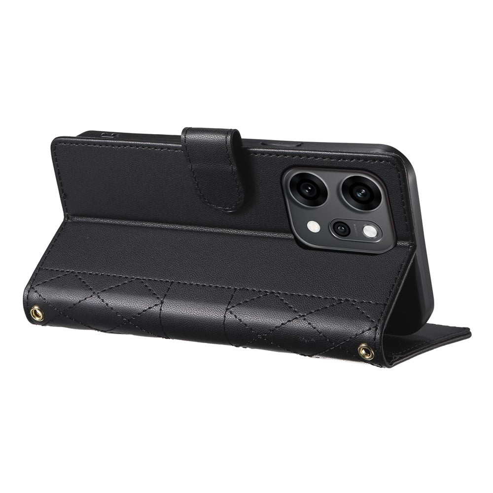 For Oppo Reno14 Pro 5G (Global) Case Rhombus Stitching Wallet Stand Leather Phone Cover with Long / Short Strap - Black