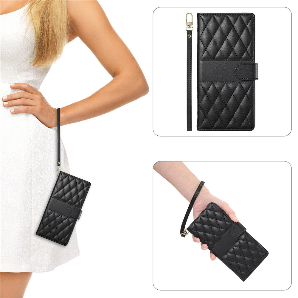 For Oppo Reno14 Pro 5G (Global) Case Rhombus Stitching Wallet Stand Leather Phone Cover with Long / Short Strap - Black