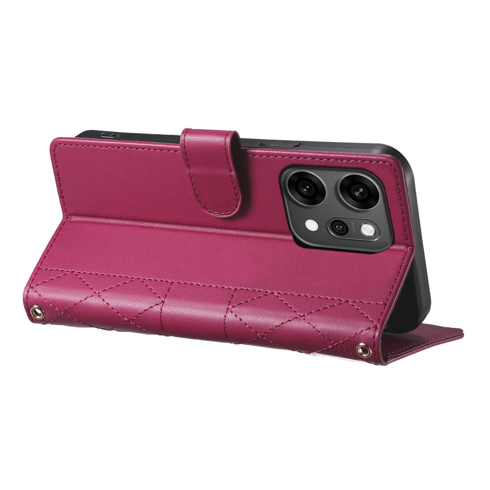 For Oppo Reno14 Pro 5G (Global) Case Rhombus Stitching Wallet Stand Leather Phone Cover with Long / Short Strap - Red