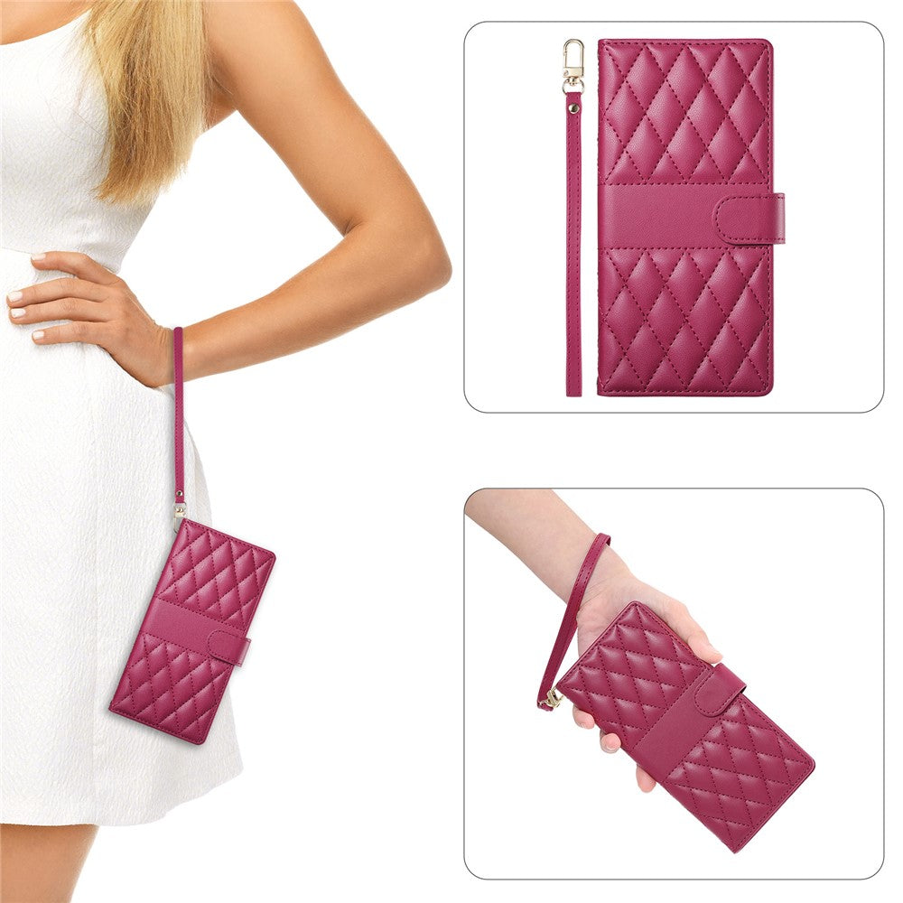 For Oppo Reno14 Pro 5G (Global) Case Rhombus Stitching Wallet Stand Leather Phone Cover with Long / Short Strap - Red