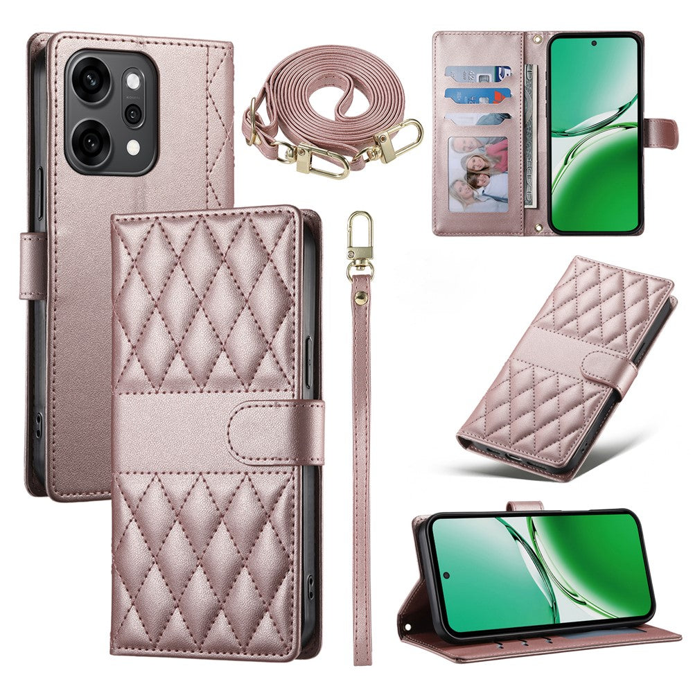 For Oppo Reno14 Pro 5G (Global) Case Rhombus Stitching Wallet Stand Leather Phone Cover with Long / Short Strap - Rose Gold