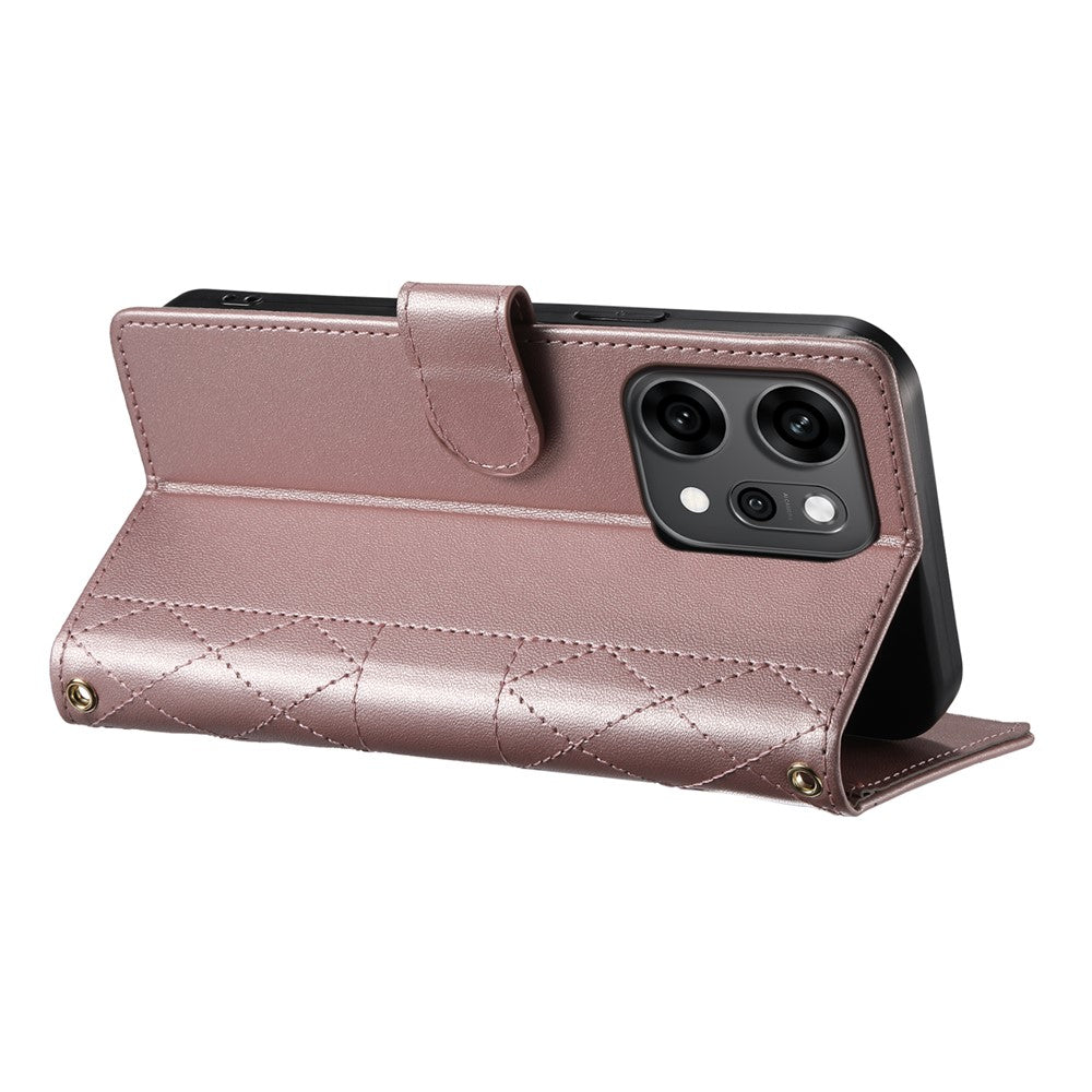 For Oppo Reno14 Pro 5G (Global) Case Rhombus Stitching Wallet Stand Leather Phone Cover with Long / Short Strap - Rose Gold