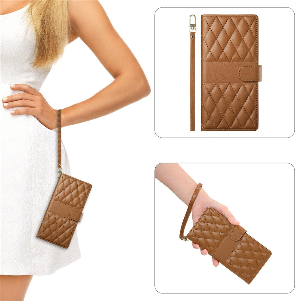 For iPhone 17 Pro Max Case Rhombus Stitching Wallet Stand Leather Phone Cover with Long / Short Strap - Brown