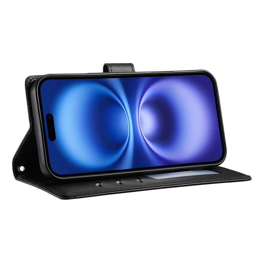 For iPhone 17 Pro Max Case Rhombus Stitching Wallet Stand Leather Phone Cover with Long / Short Strap - Black