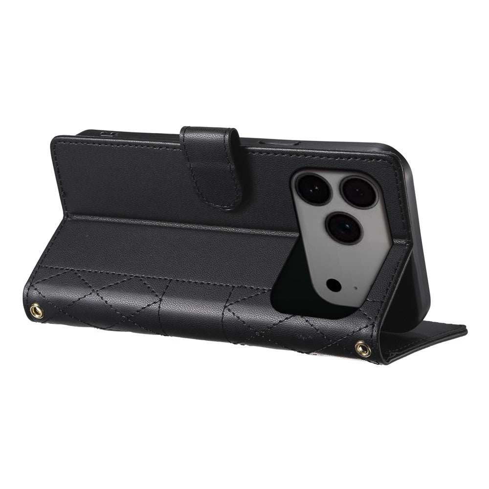 For iPhone 17 Pro Max Case Rhombus Stitching Wallet Stand Leather Phone Cover with Long / Short Strap - Black