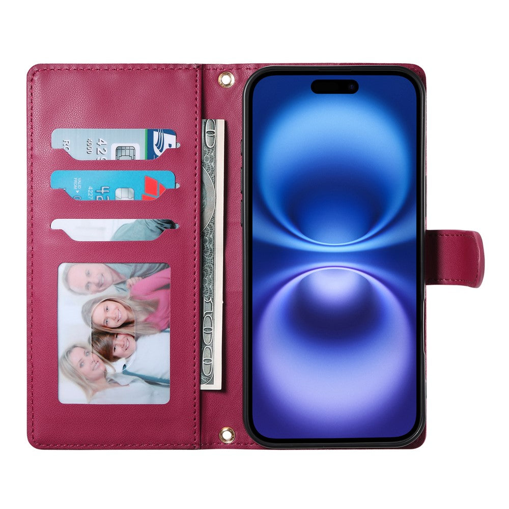 For iPhone 17 Pro Max Case Rhombus Stitching Wallet Stand Leather Phone Cover with Long  /  Short Strap - Red