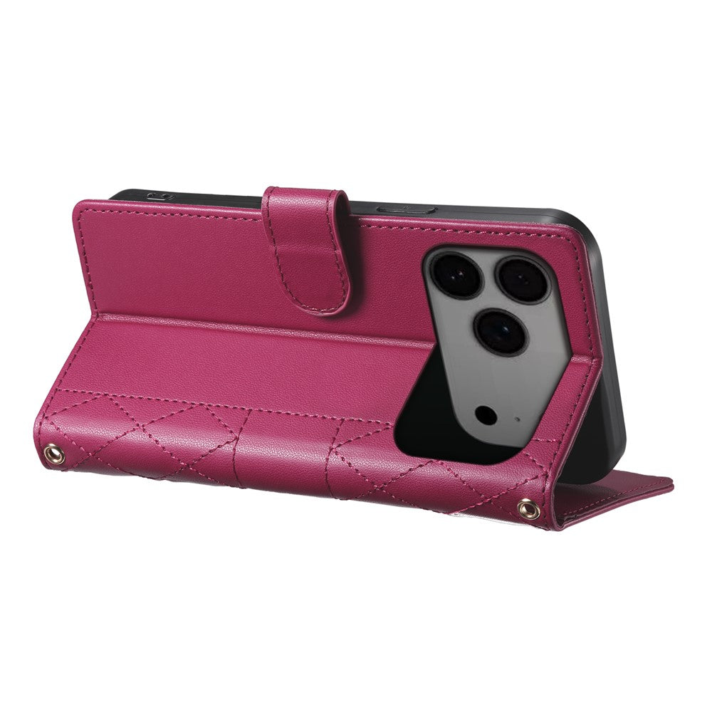 For iPhone 17 Pro Max Case Rhombus Stitching Wallet Stand Leather Phone Cover with Long  /  Short Strap - Red