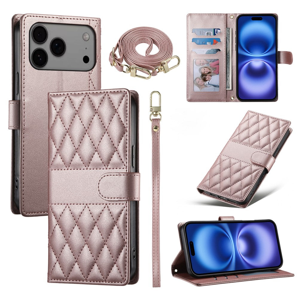 For iPhone 17 Pro Max Case Rhombus Stitching Wallet Stand Leather Phone Cover with Long / Short Strap - Rose Gold