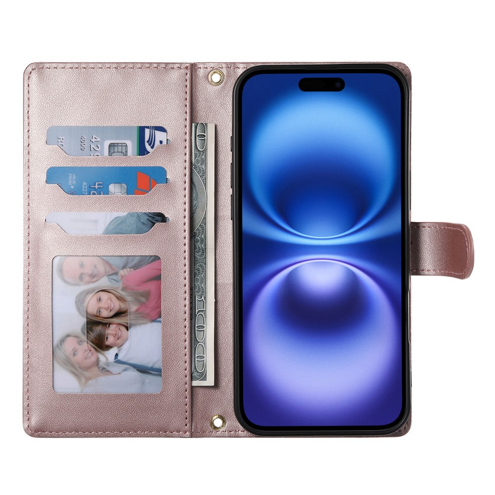 For iPhone 17 Pro Max Case Rhombus Stitching Wallet Stand Leather Phone Cover with Long / Short Strap - Rose Gold