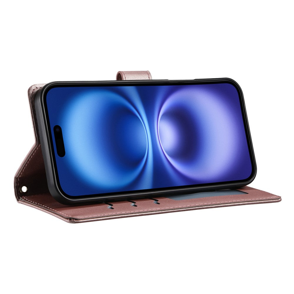 For iPhone 17 Pro Max Case Rhombus Stitching Wallet Stand Leather Phone Cover with Long / Short Strap - Rose Gold