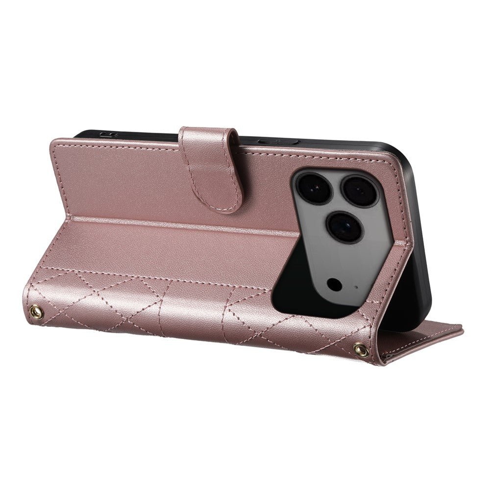 For iPhone 17 Pro Max Case Rhombus Stitching Wallet Stand Leather Phone Cover with Long / Short Strap - Rose Gold