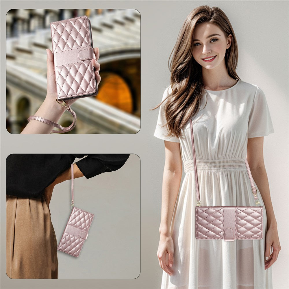 For iPhone 17 Pro Max Case Rhombus Stitching Wallet Stand Leather Phone Cover with Long / Short Strap - Rose Gold