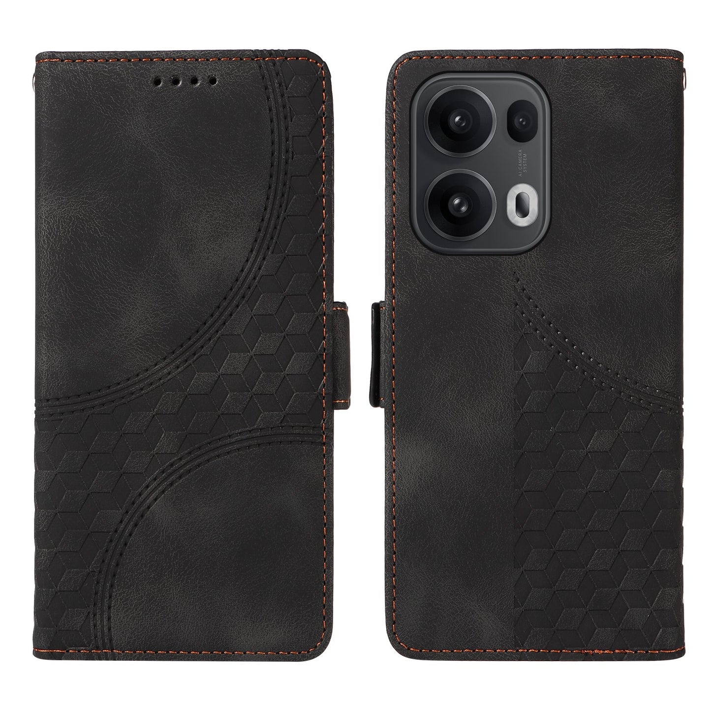 For Oppo Reno13 Pro 5G / Oppo Reno14 Pro 5G (China) / Oppo Reno14 Pro 5G (Global) Leather Cases Wallet Rhombus Imprinted Phone Cover Stand with Strap - Black