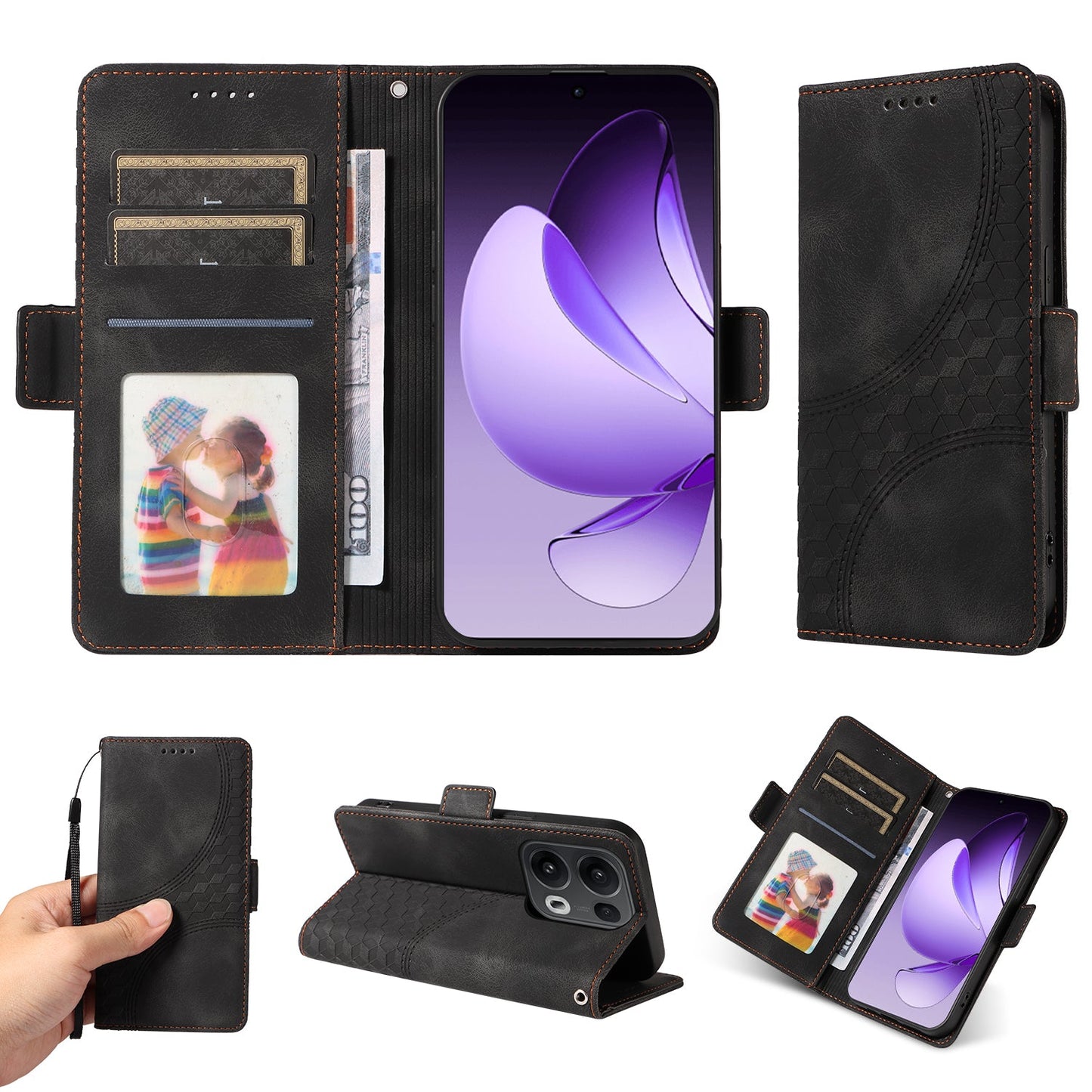 For Oppo Reno13 Pro 5G / Oppo Reno14 Pro 5G (China) / Oppo Reno14 Pro 5G (Global) Leather Cases Wallet Rhombus Imprinted Phone Cover Stand with Strap - Black