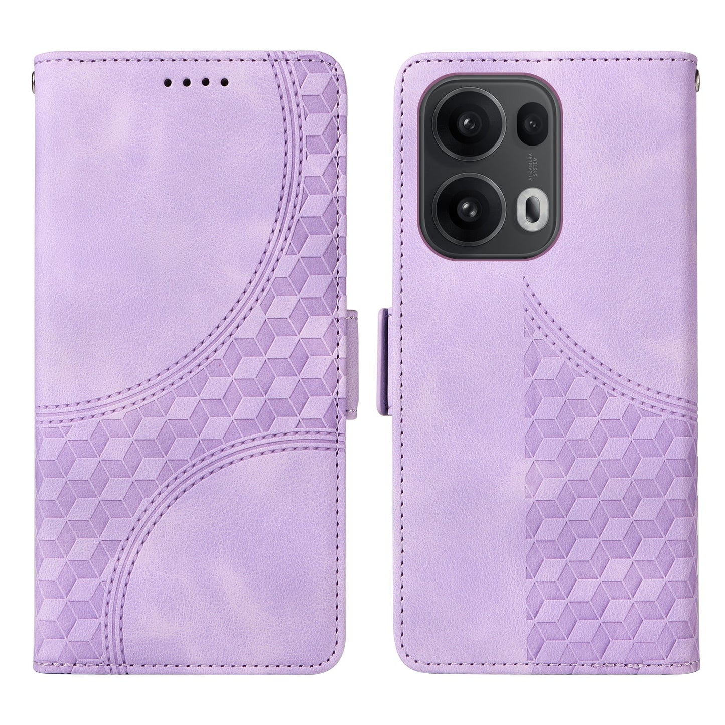 For Oppo Reno13 Pro 5G / Oppo Reno14 Pro 5G (China) / Oppo Reno14 Pro 5G (Global) Leather Cases Wallet Rhombus Imprinted Phone Cover Stand with Strap - Purple