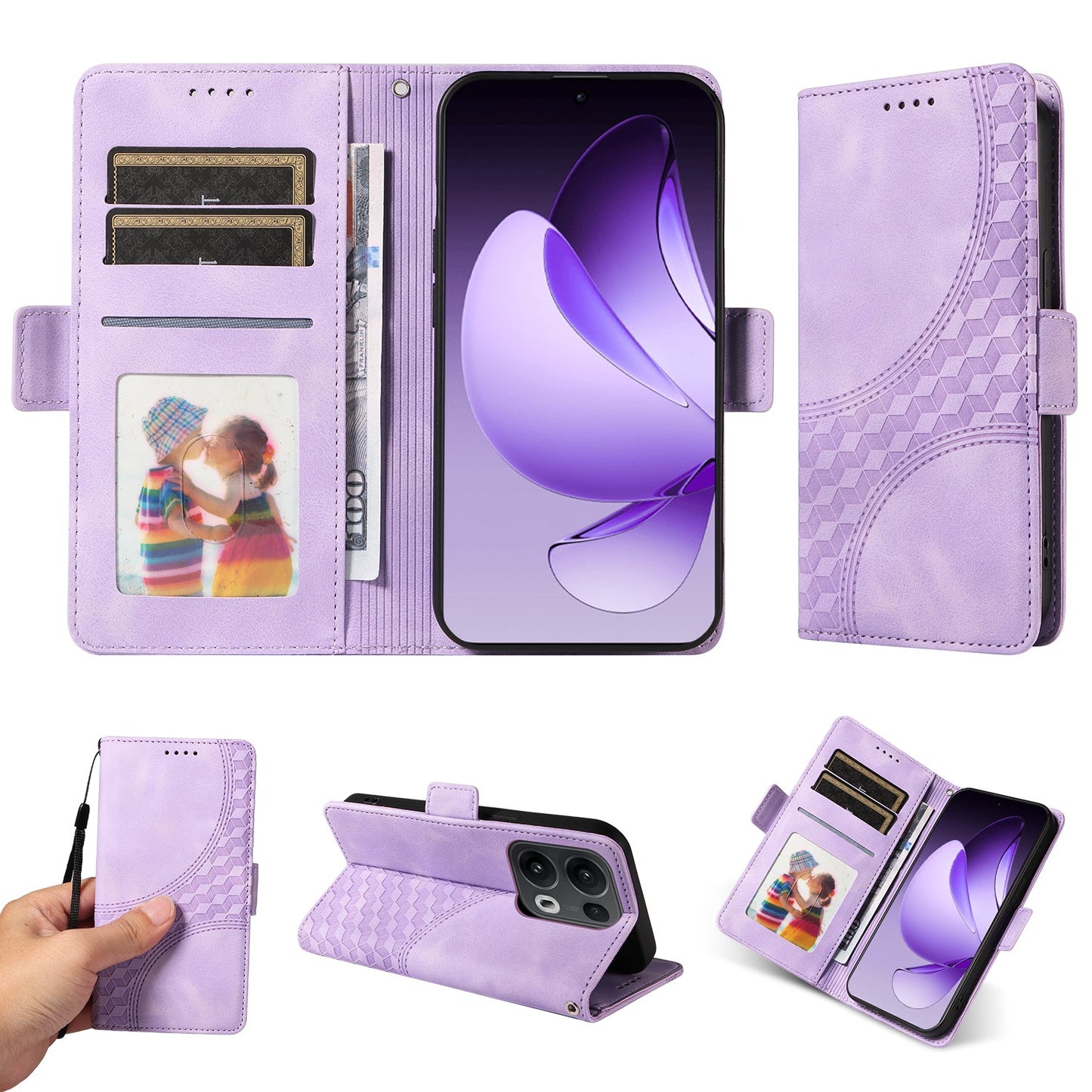 For Oppo Reno13 Pro 5G / Oppo Reno14 Pro 5G (China) / Oppo Reno14 Pro 5G (Global) Leather Cases Wallet Rhombus Imprinted Phone Cover Stand with Strap - Purple