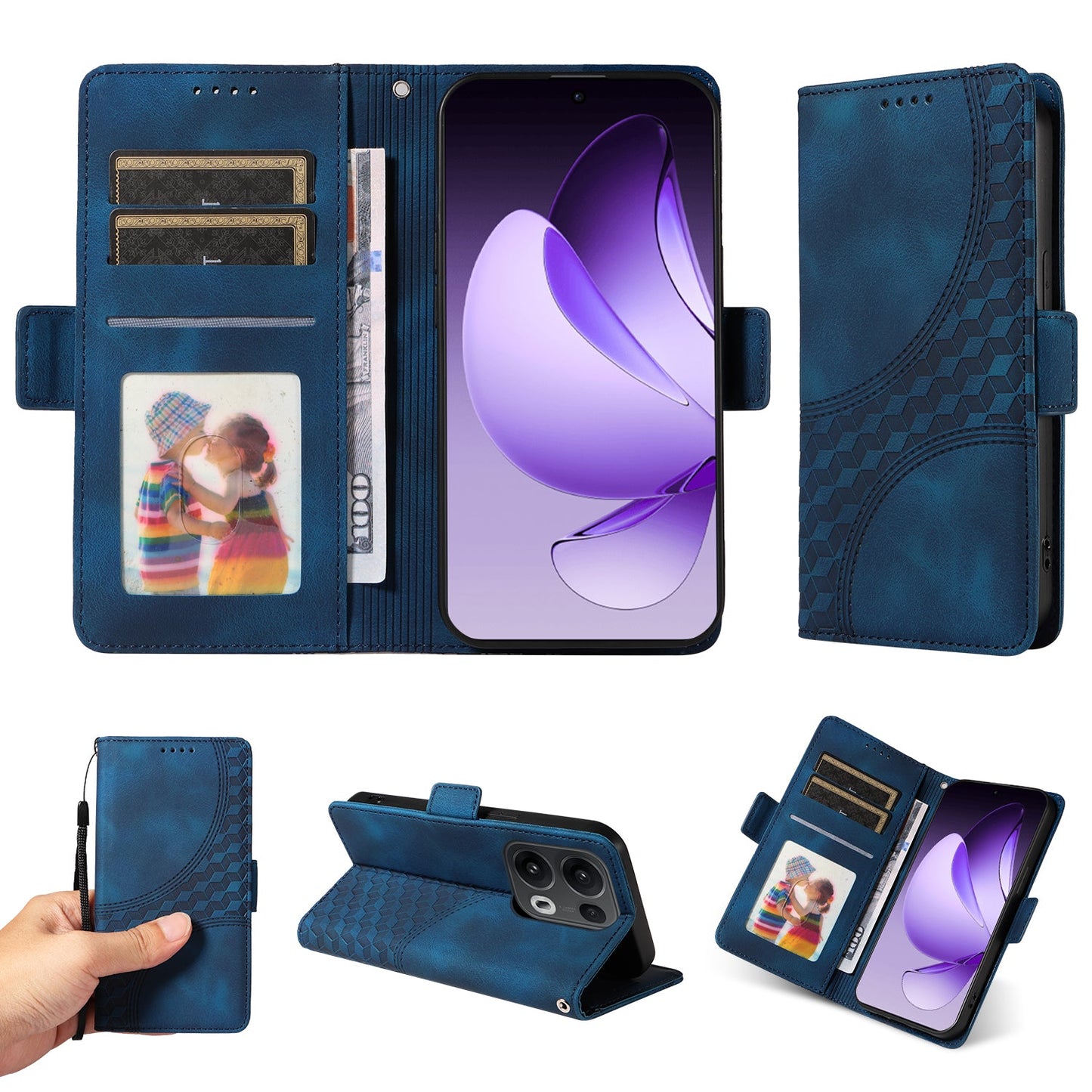 For Oppo Reno13 Pro 5G / Oppo Reno14 Pro 5G (China) / Oppo Reno14 Pro 5G (Global) Leather Cases Wallet Rhombus Imprinted Phone Cover Stand with Strap - Blue