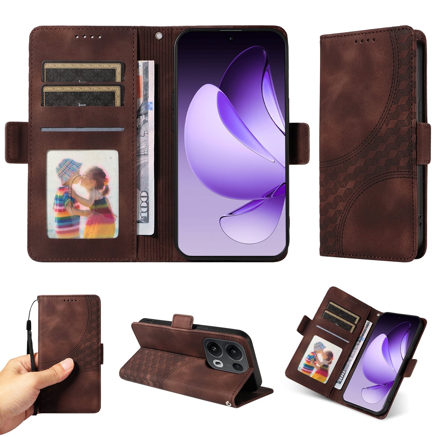 For Oppo Reno13 Pro 5G / Oppo Reno14 Pro 5G (China) / Oppo Reno14 Pro 5G (Global) Leather Cases Wallet Rhombus Imprinted Phone Cover Stand with Strap - Brown