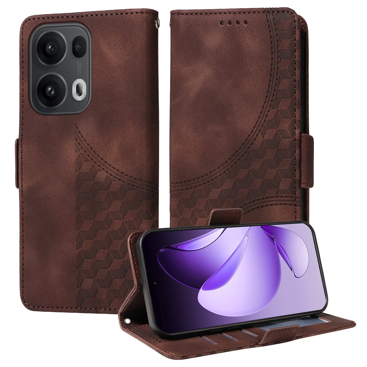 For Oppo Reno13 Pro 5G / Oppo Reno14 Pro 5G (China) / Oppo Reno14 Pro 5G (Global) Leather Cases Wallet Rhombus Imprinted Phone Cover Stand with Strap - Brown