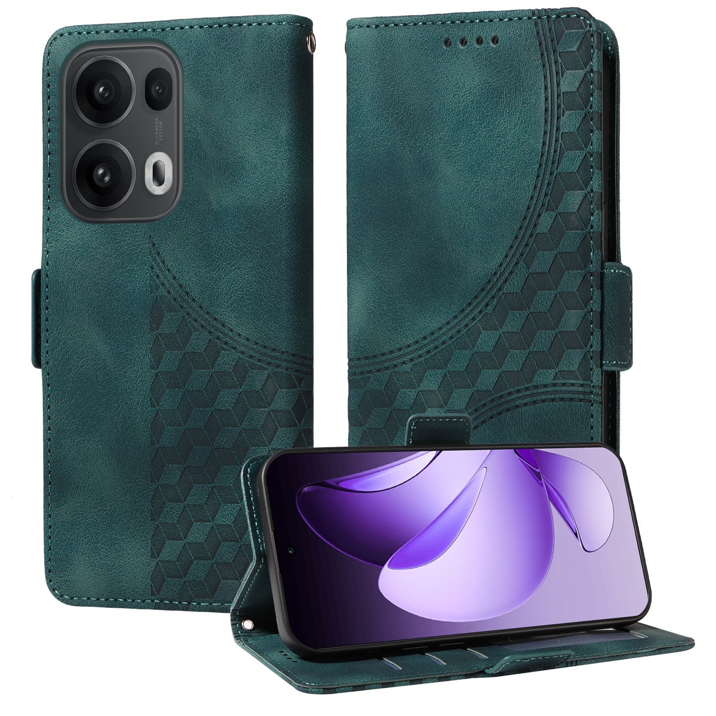 For Oppo Reno13 Pro 5G / Oppo Reno14 Pro 5G (China) / Oppo Reno14 Pro 5G (Global) Leather Cases Wallet Rhombus Imprinted Phone Cover Stand with Strap - Green