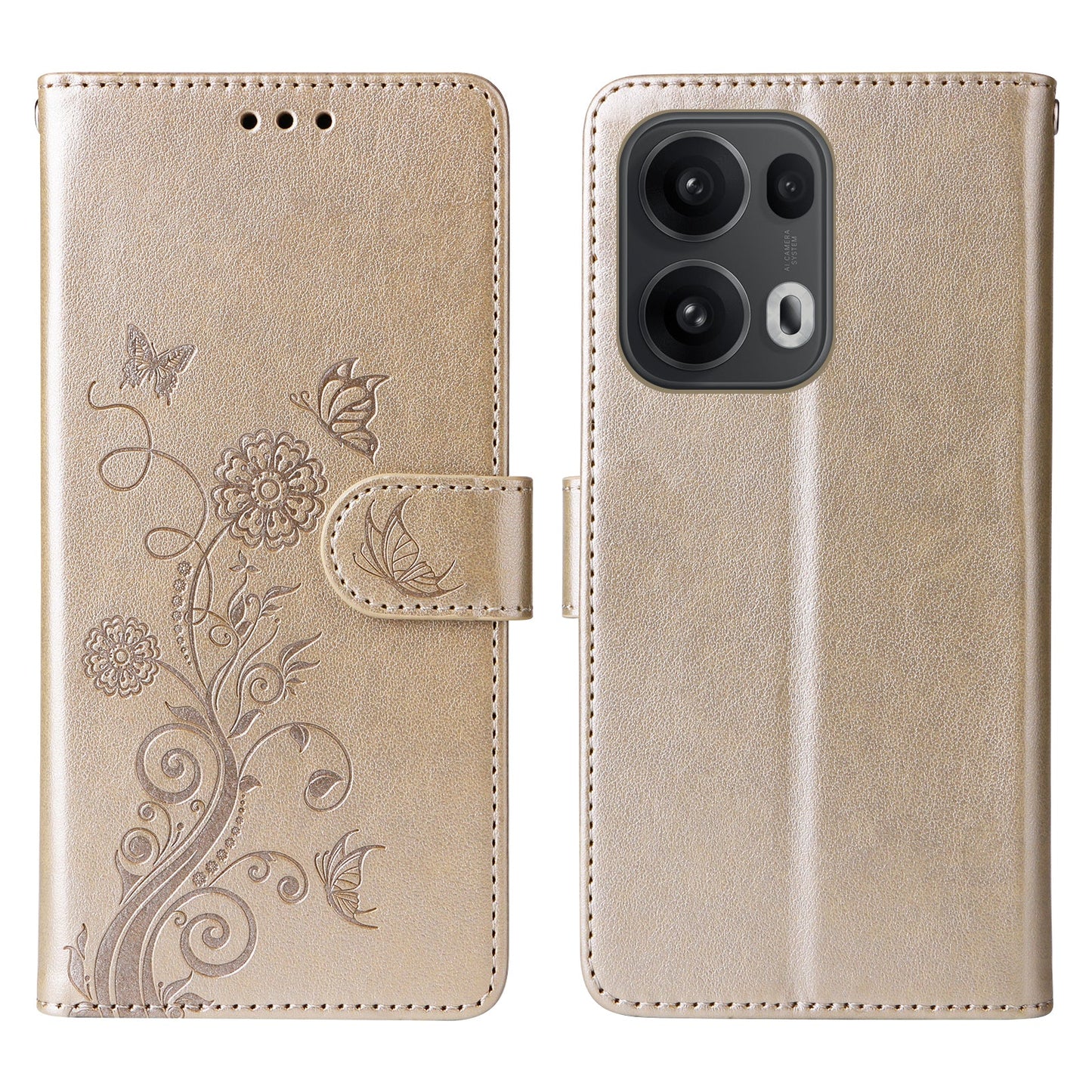 For Oppo Reno13 Pro 5G / Oppo Reno14 Pro 5G (China) / Oppo Reno14 Pro 5G (Global) Leather Case Butterfly Floral Imprint Wallet Stand Cover - Golden