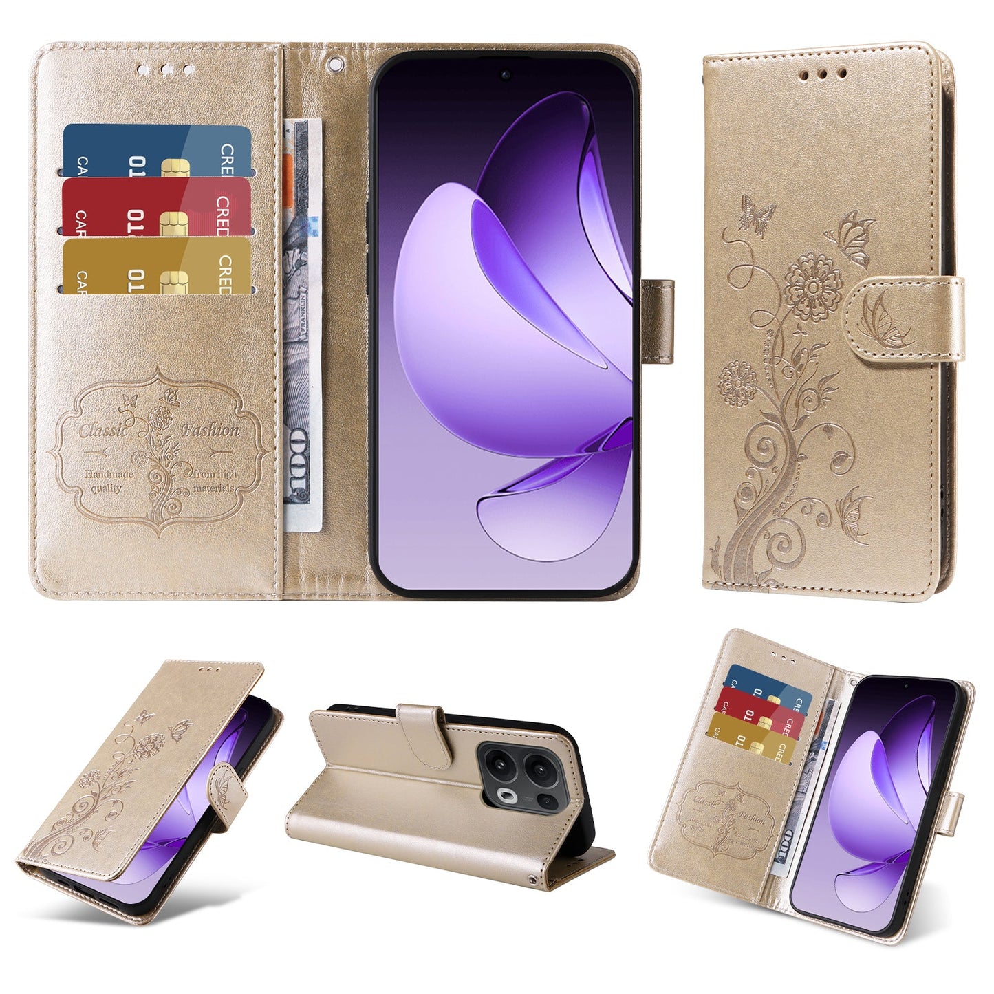 For Oppo Reno13 Pro 5G / Oppo Reno14 Pro 5G (China) / Oppo Reno14 Pro 5G (Global) Leather Case Butterfly Floral Imprint Wallet Stand Cover - Golden